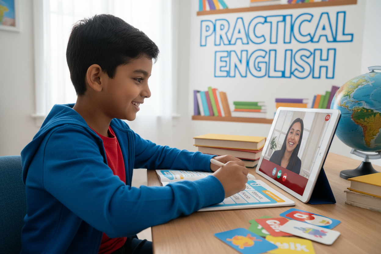 Firefly Gemini Flash create an image where kid is improving their english fluency and also mention the wor 247661