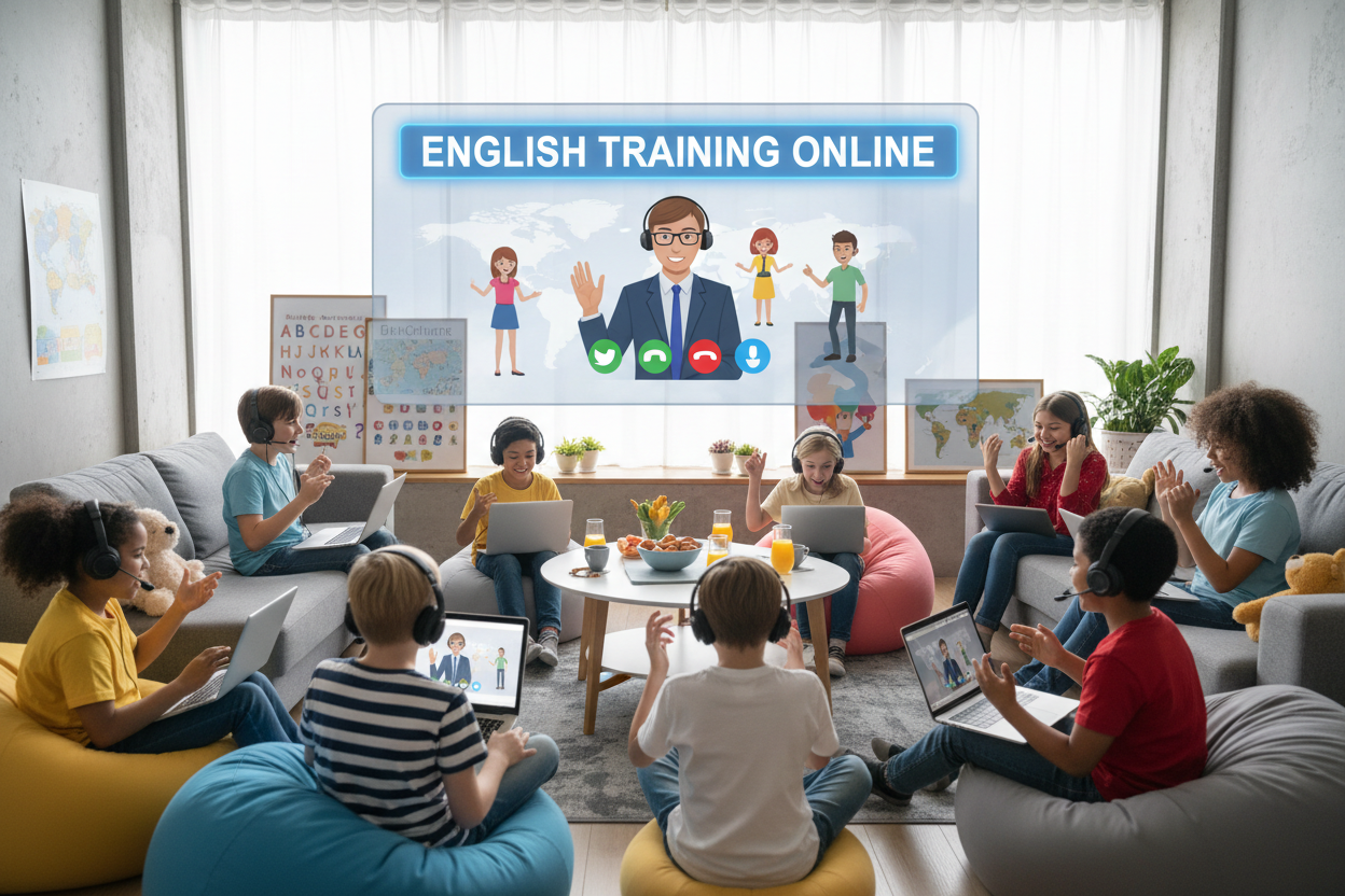 Firefly Gemini Flash create an image where kids are having english training online and mention the words 138780