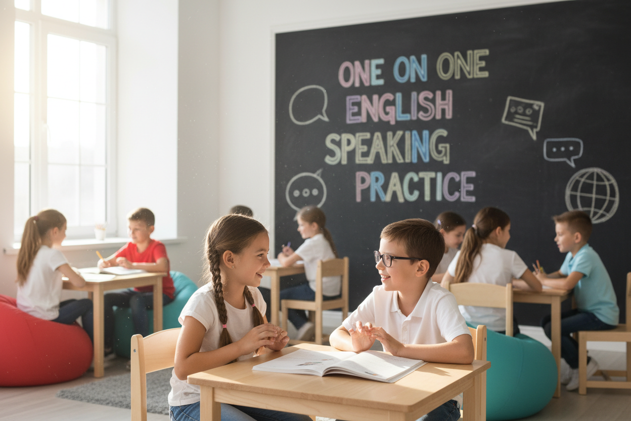 Firefly Gemini Flash create an image where kids are having one on one english speaking practice and mentio 431454