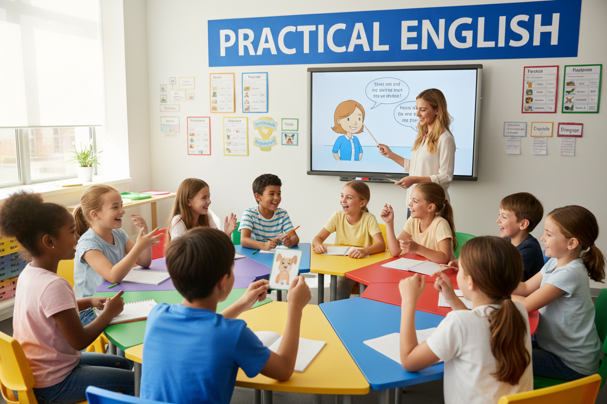 Firefly Gemini Flash create an image where kids are improving their english fluency and also mention the w 678958