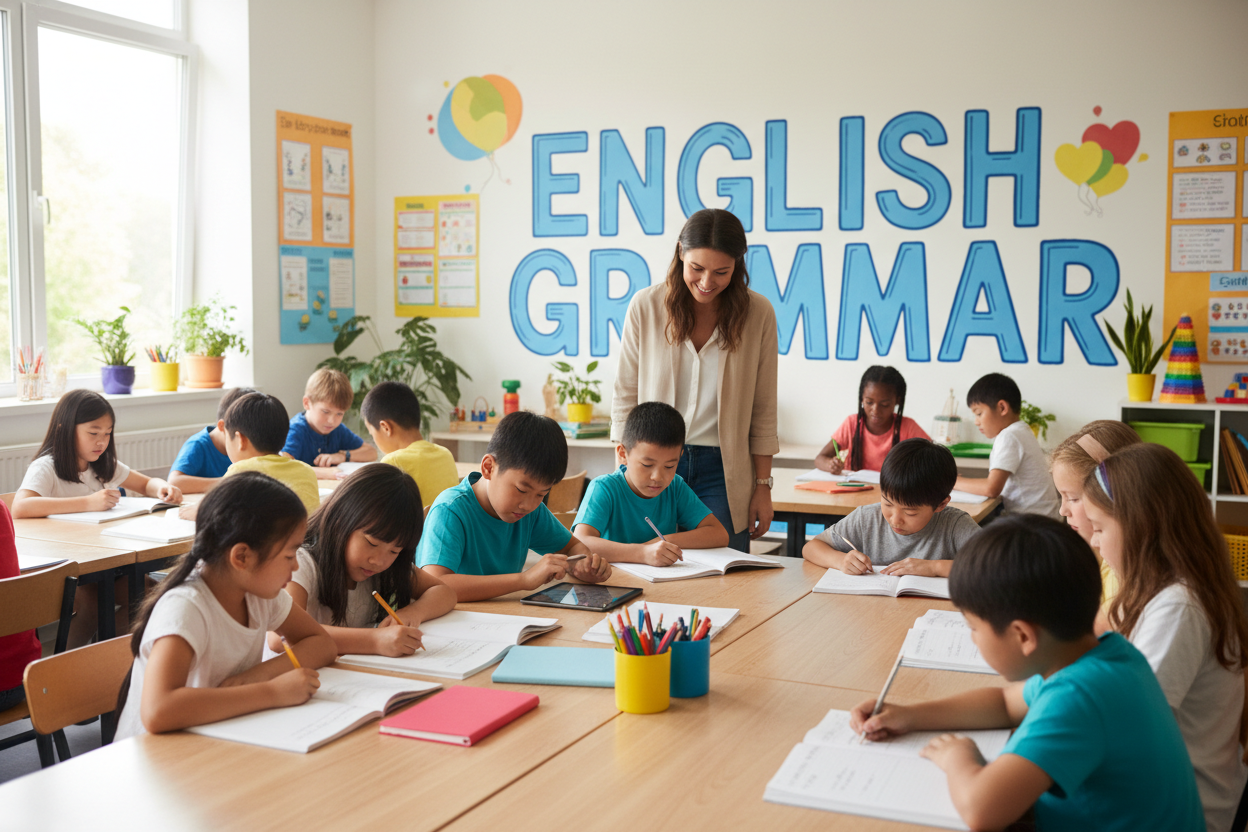 Firefly Gemini Flash create an image where kids are improving their english grammar and also mention the w 517656