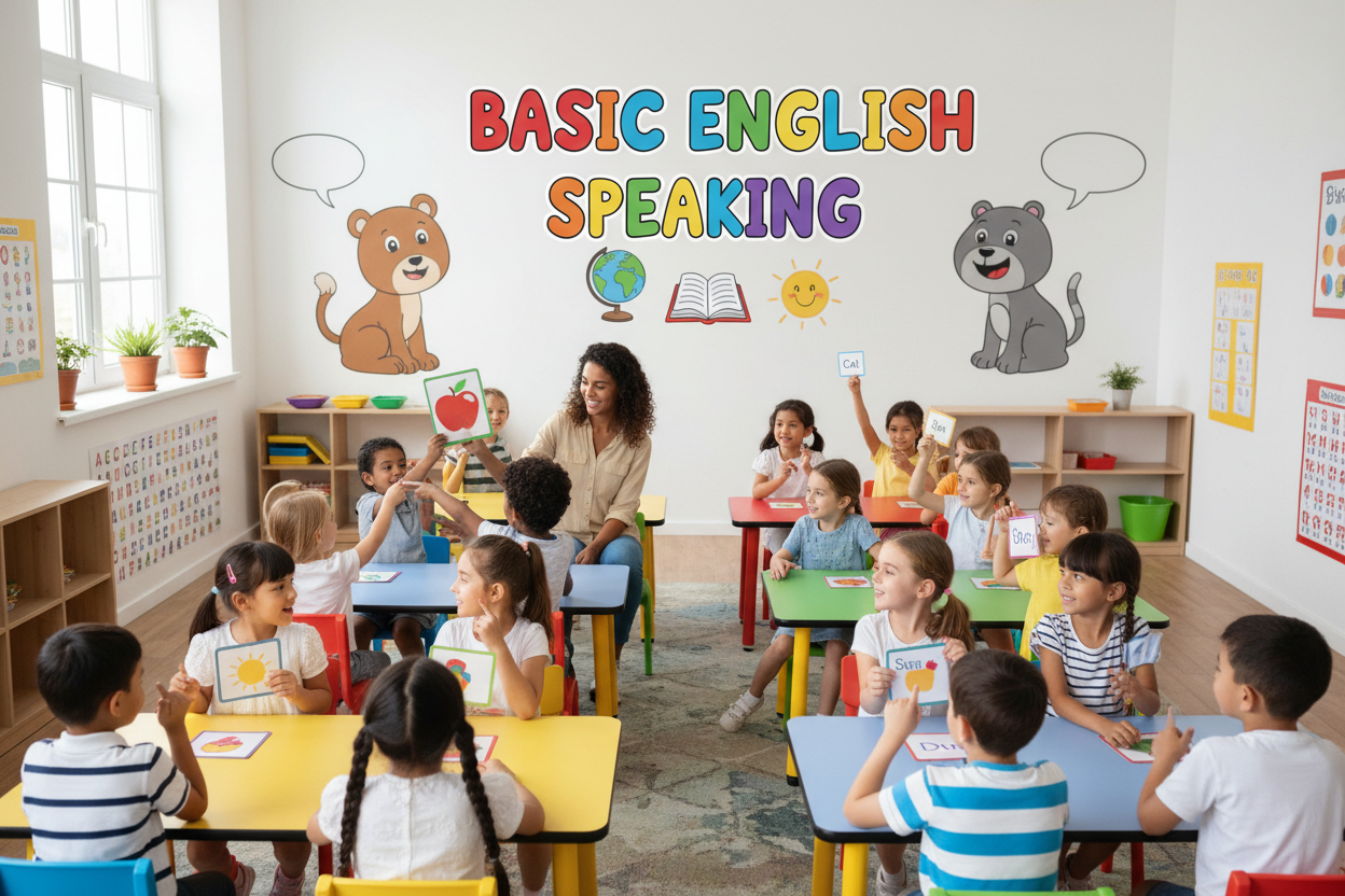 Firefly Gemini Flash create an image where kids are learning basic english speaking and also mention the w 687917 (3)