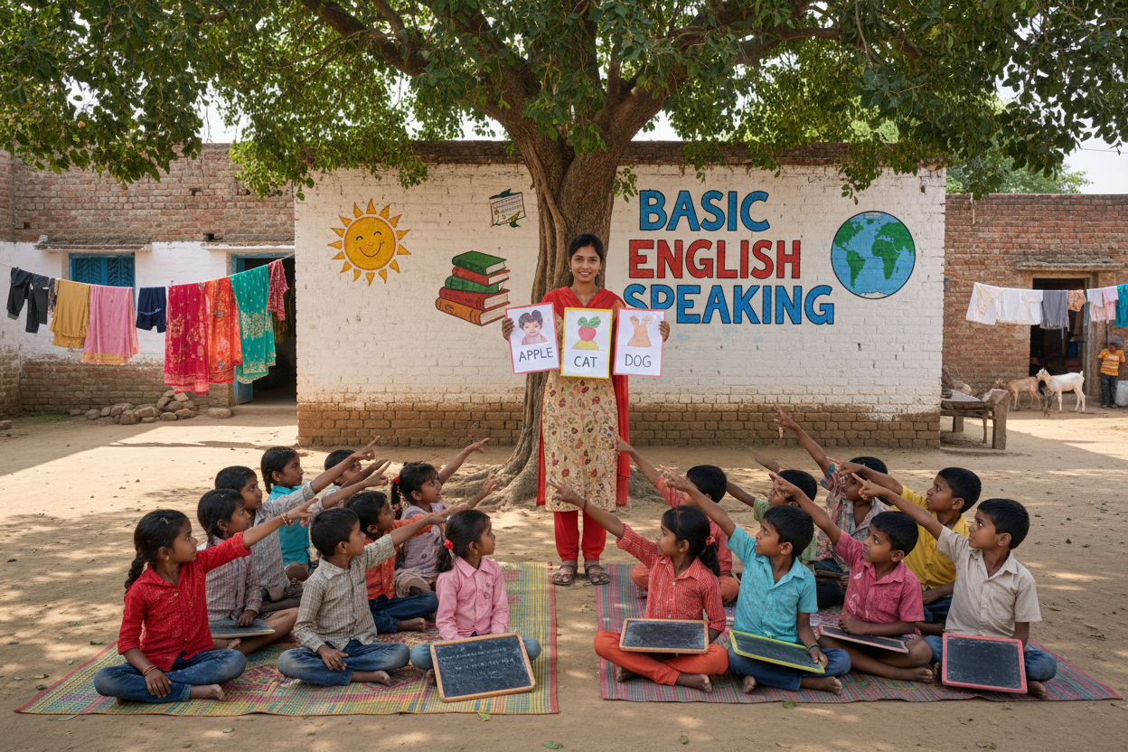 Firefly Gemini Flash create an image where kids are learning basic english speaking and also mention the w 948010