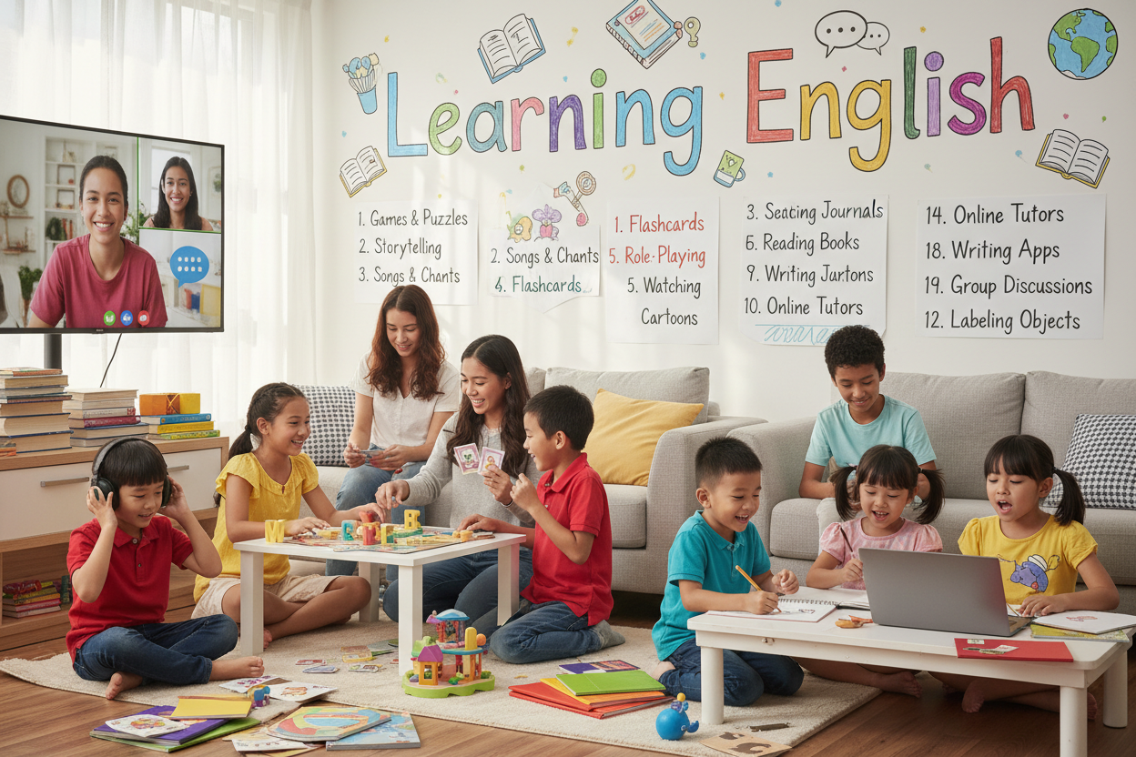 Firefly Gemini Flash create an image where kids are learning english at home using 12 strategies and also 865351
