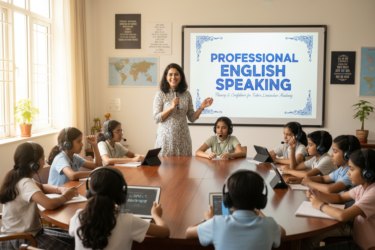 Firefly Gemini Flash create an image where kids are learning professional english speaking and also mentio 544095