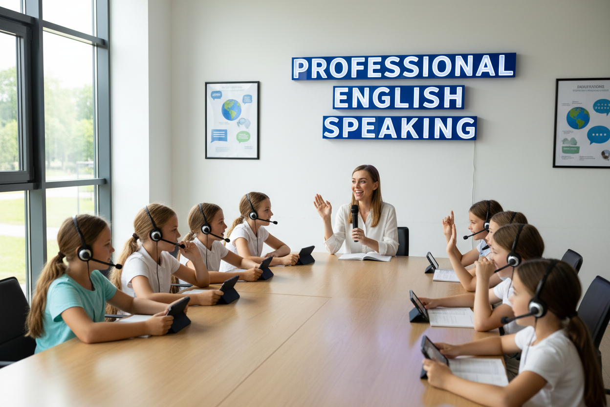 Firefly Gemini Flash create an image where kids are learning professional english speaking and also mentio 618605 (1)