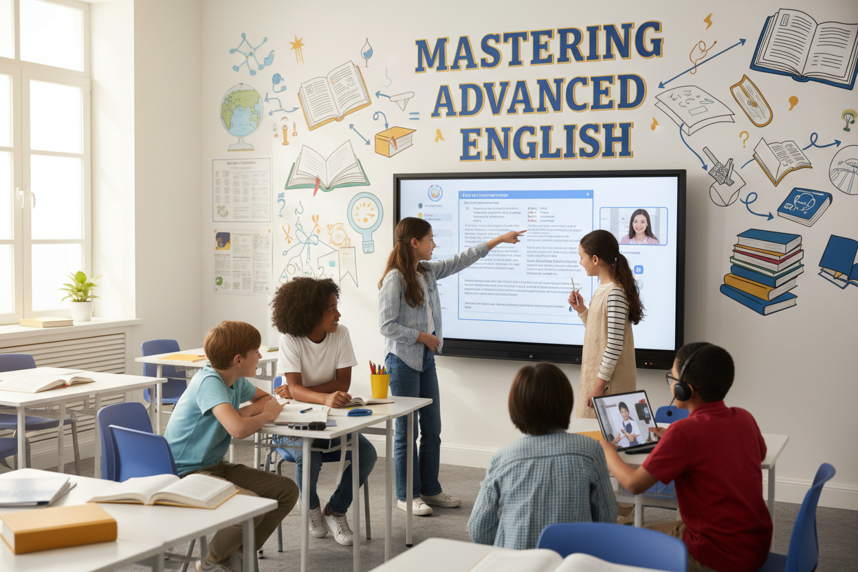 Firefly Gemini Flash create an image where kids are mastering advanced english and also mention the words 606088