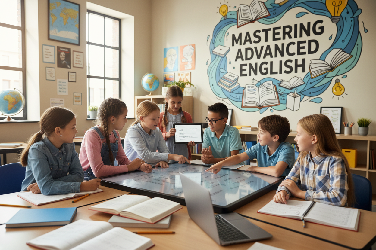 Firefly Gemini Flash create an image where kids are mastering advanced english and also mention the words 937980