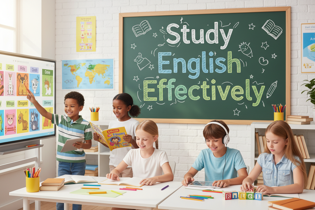 Firefly Gemini Flash create an image where kids are studying english effectively and also mention the word 185203