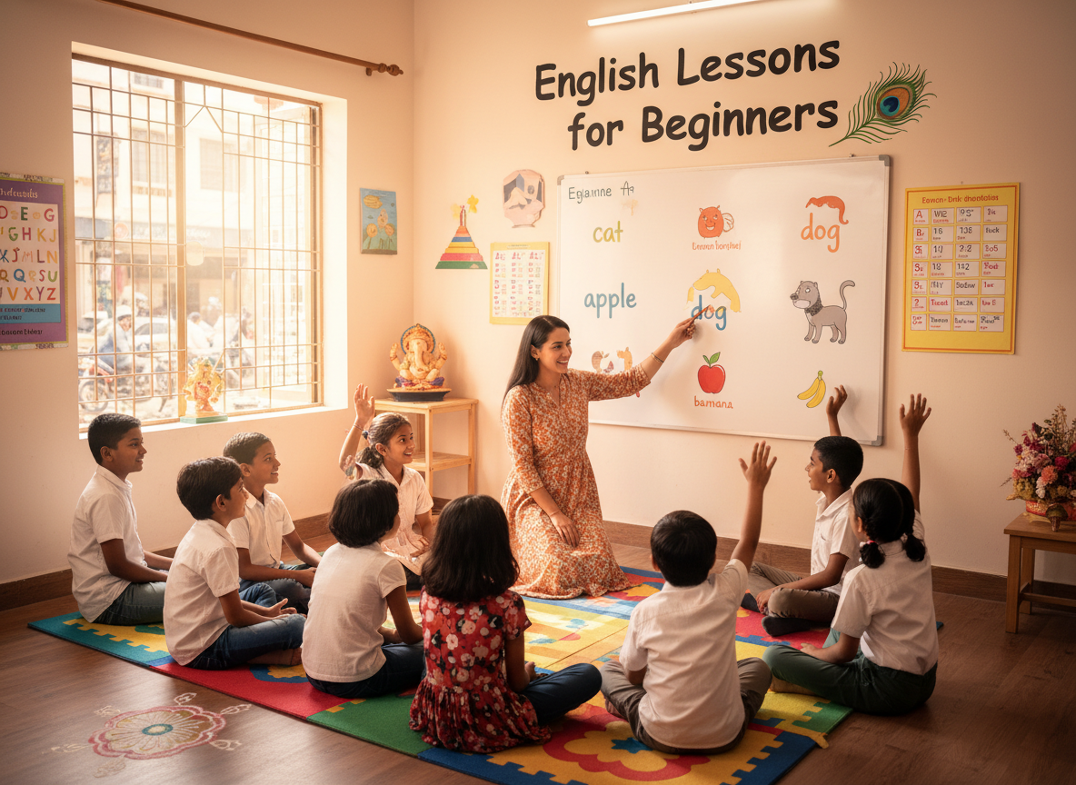 Firefly Gemini Flash create an image where kids are taking english lessons for beginners and also mention 878655 (1)