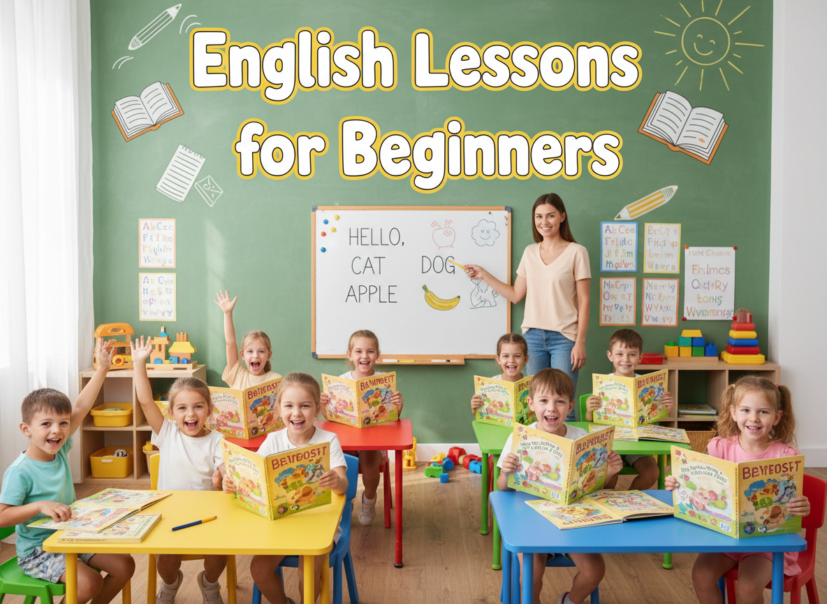 Firefly Gemini Flash create an image where kids are taking english lessons for beginners and also mention 878655