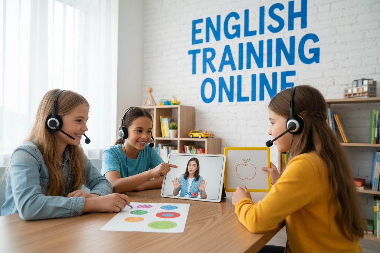 Firefly create an image where kids are having english training online and mention the words 247599