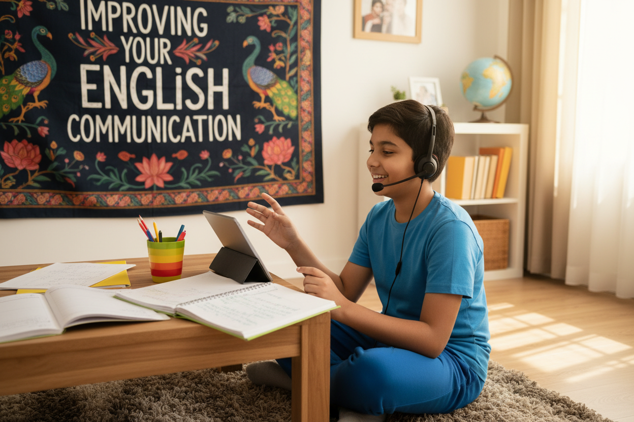 Firefly Gemini Flash create an image where a kid is improving english communication and also mention the w 428221