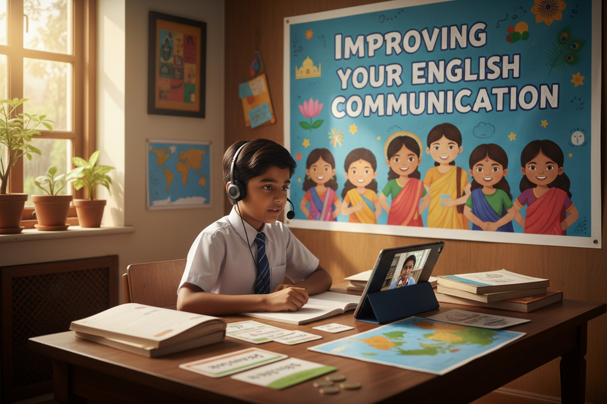 Firefly Gemini Flash create an image where a kid is improving english communication and also mention the w 615802