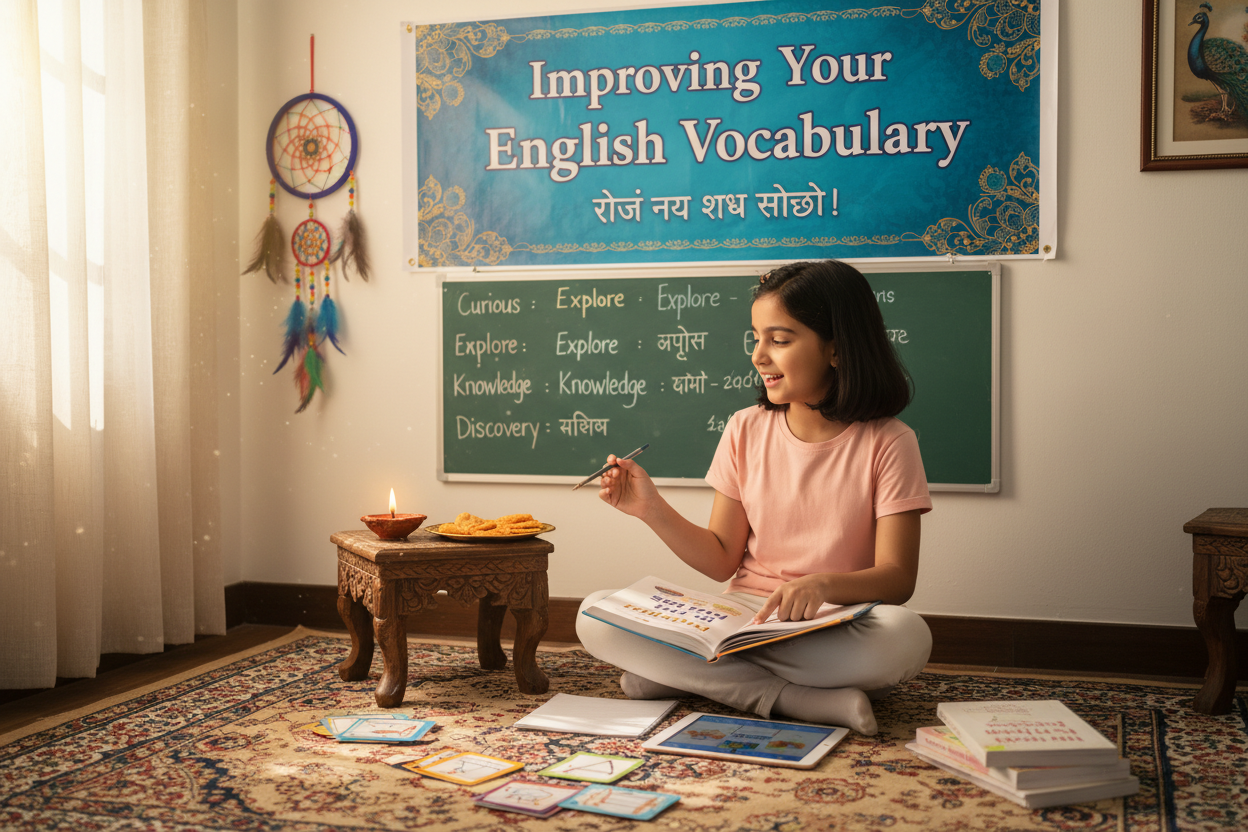 Firefly Gemini Flash create an image where a kid is improving english vocabulary and also mention the word 355737