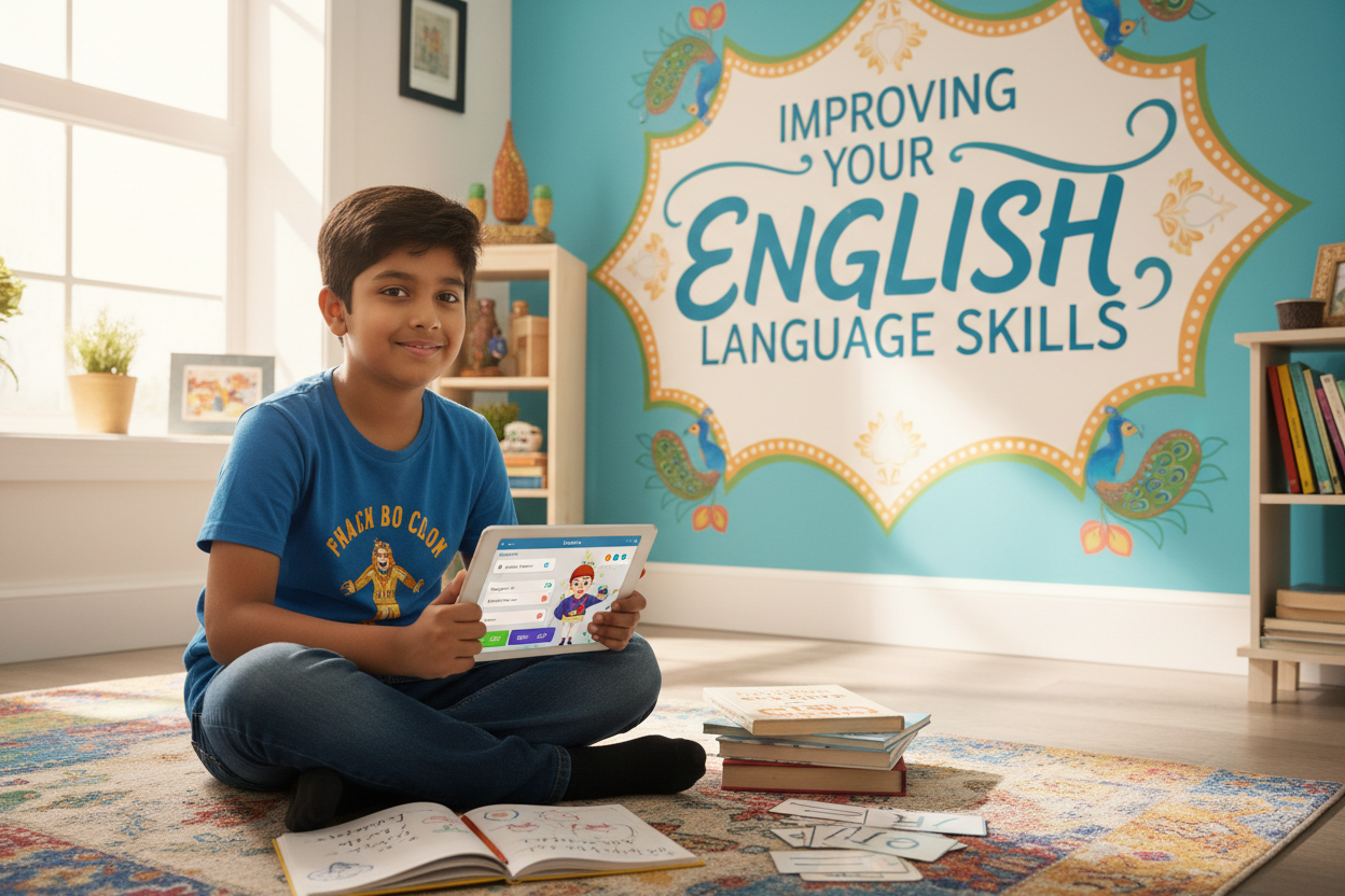 Firefly Gemini Flash create an image where kid is Improving English Language Skills and also mention the 939750