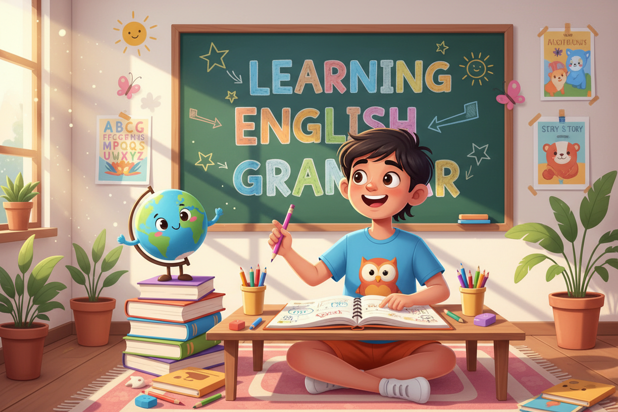 Firefly Gemini Flash create an image where kid is Learning English Grammar and also mention the words Le 348530