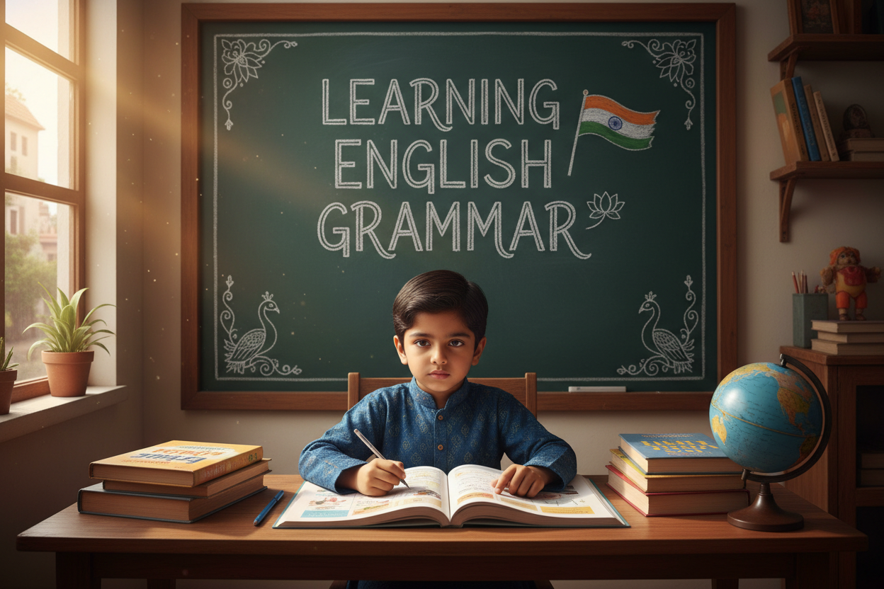 Firefly Gemini Flash create an image where kid is Learning English Grammar and also mention the words Le 736812
