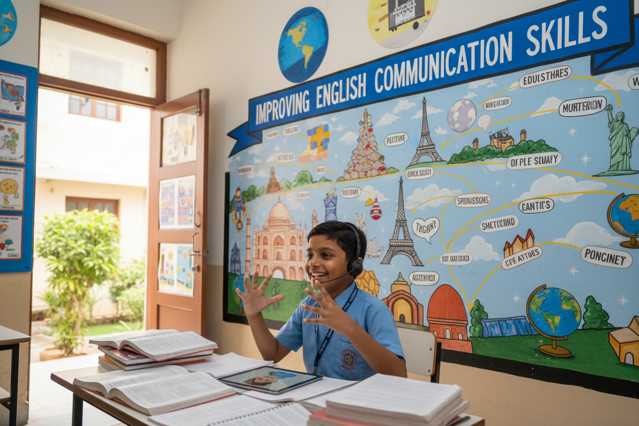 Firefly Gemini Flash create an image where kid is improving English Communication and also mention the wo 270360