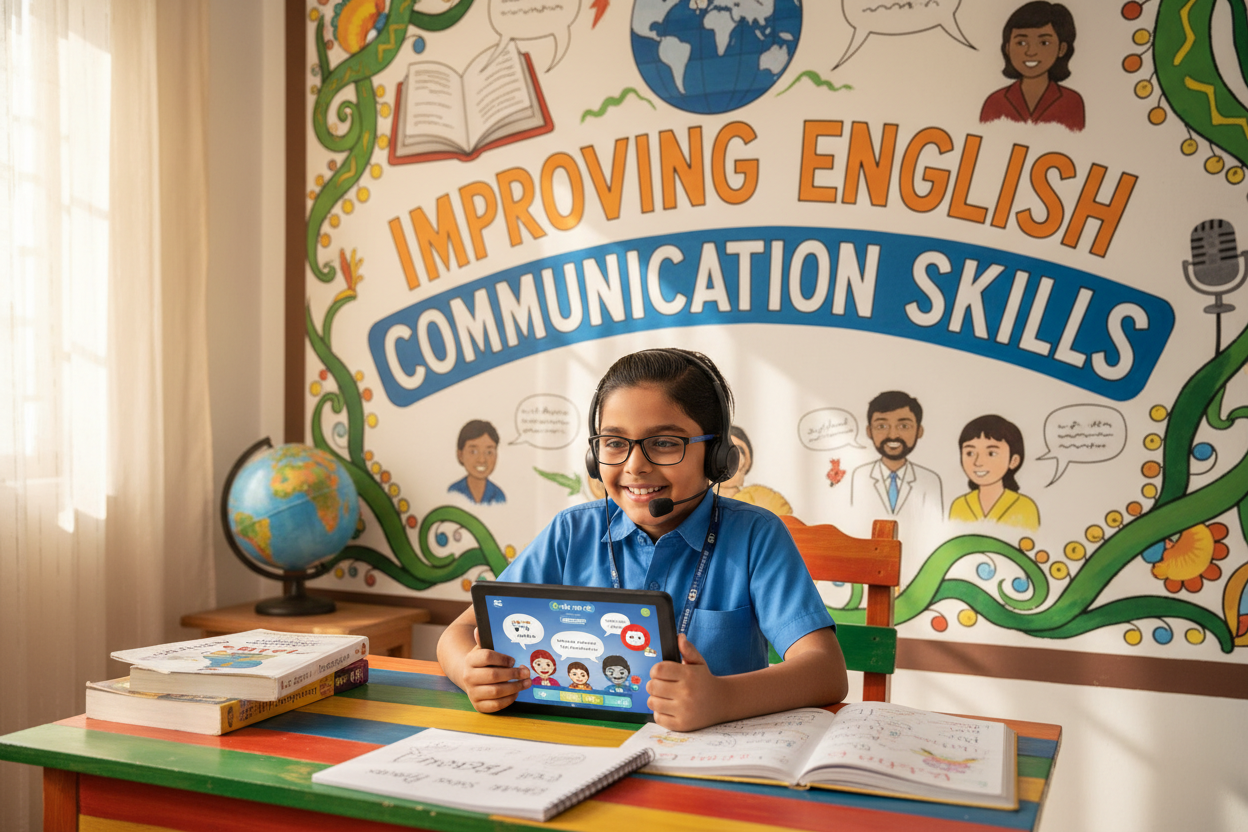 Firefly Gemini Flash create an image where kid is improving English Communication and also mention the wo 429754