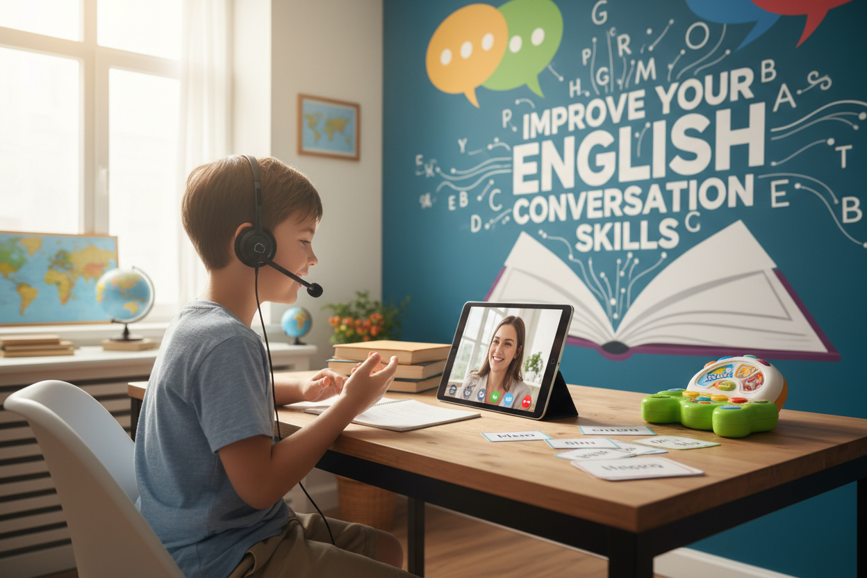 Firefly Gemini Flash create an image where kid is improving English Communication and also mention the wo 445111