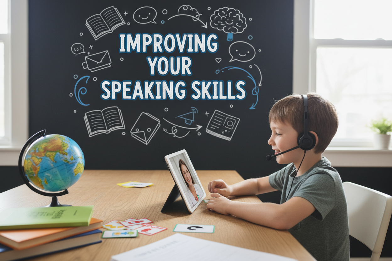 Firefly Gemini Flash create an image where kid is improving English Communication and also mention the wo 762757