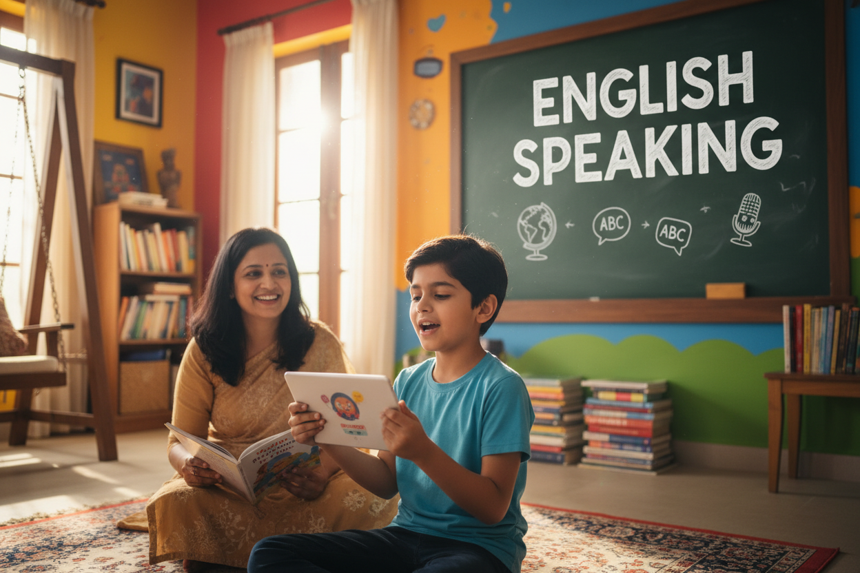 Firefly Gemini Flash create an image where kid is improving English speaking and also mention the words 182462