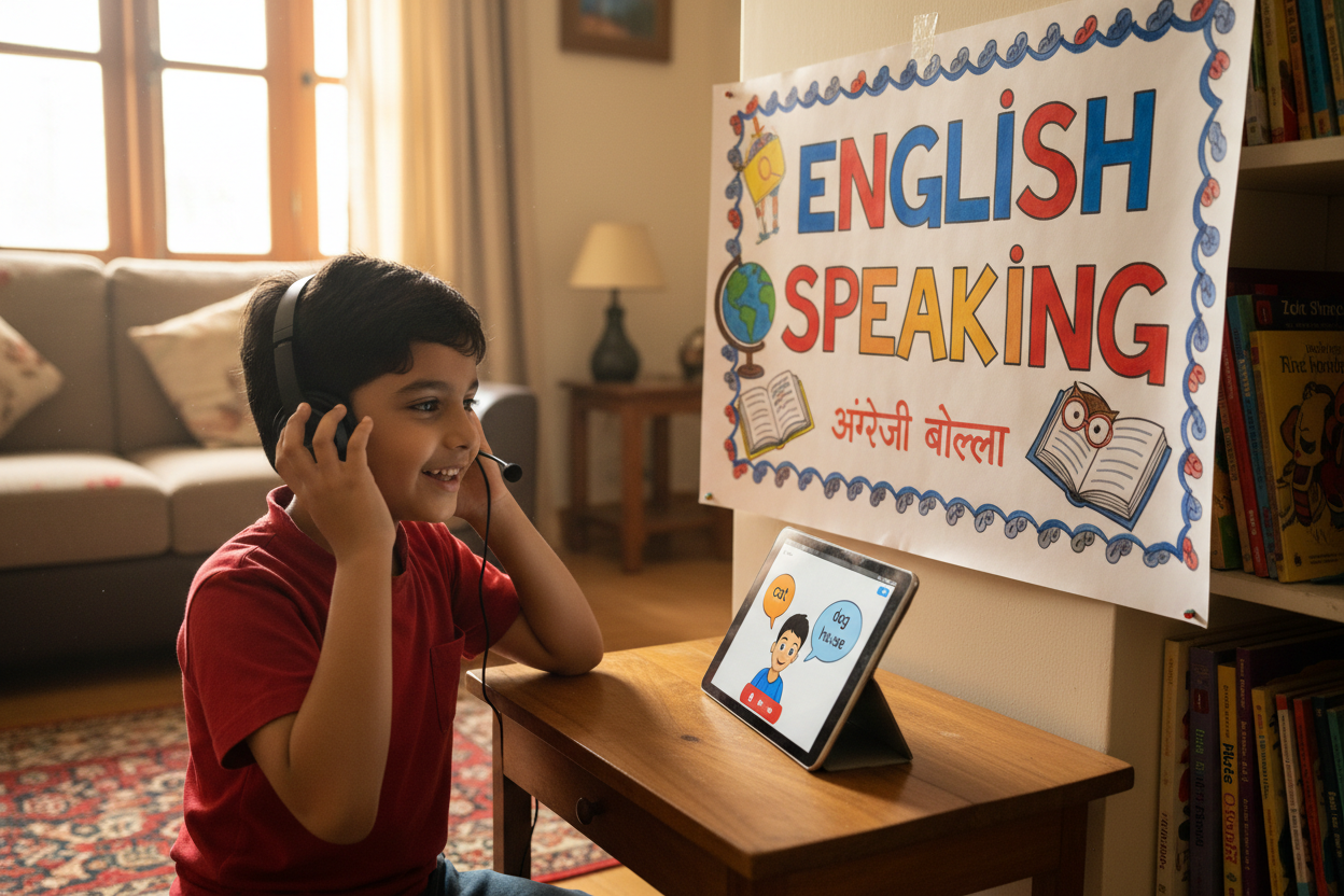 Firefly Gemini Flash create an image where kid is improving English speaking and also mention the words 683308