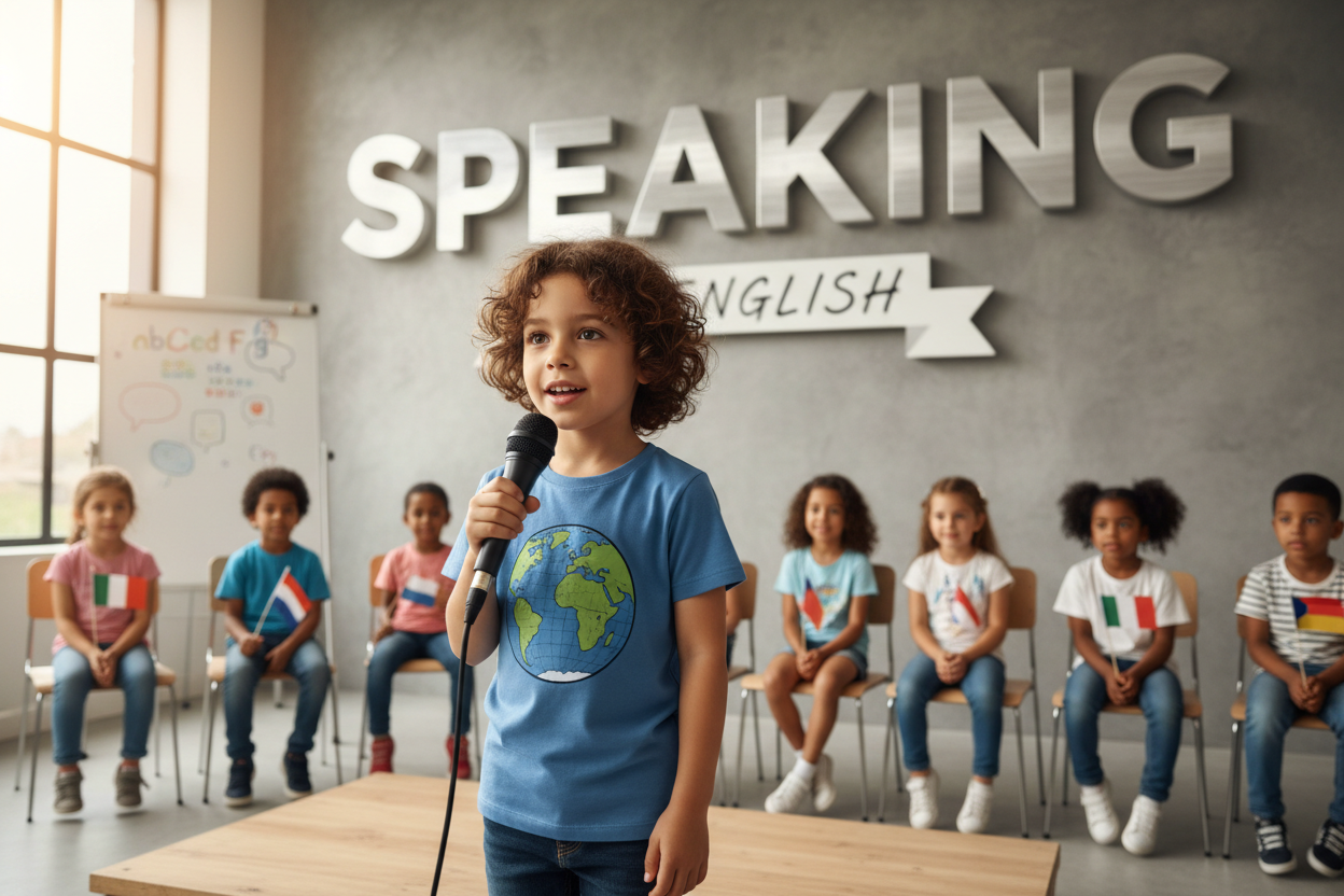Firefly Gemini Flash create an image where kid is speaking English and also mention the words Speaking 151318