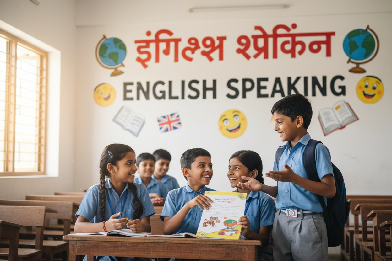 Firefly Gemini Flash create an image where kids are Speaking english and also mention the words english 717085