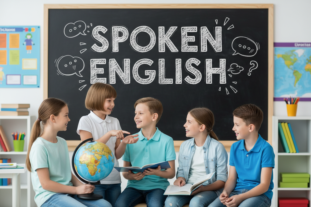 Firefly Gemini Flash create an image where kids are Speaking english fluently and also mention the words 138622