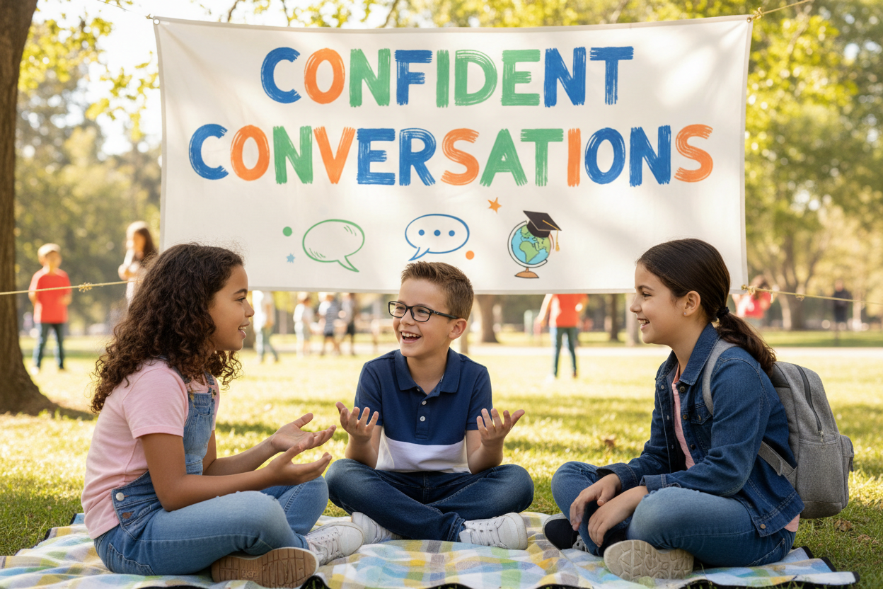 Firefly GeminiFlash create an image where kid are having conversations in english and also mention the wo 155248