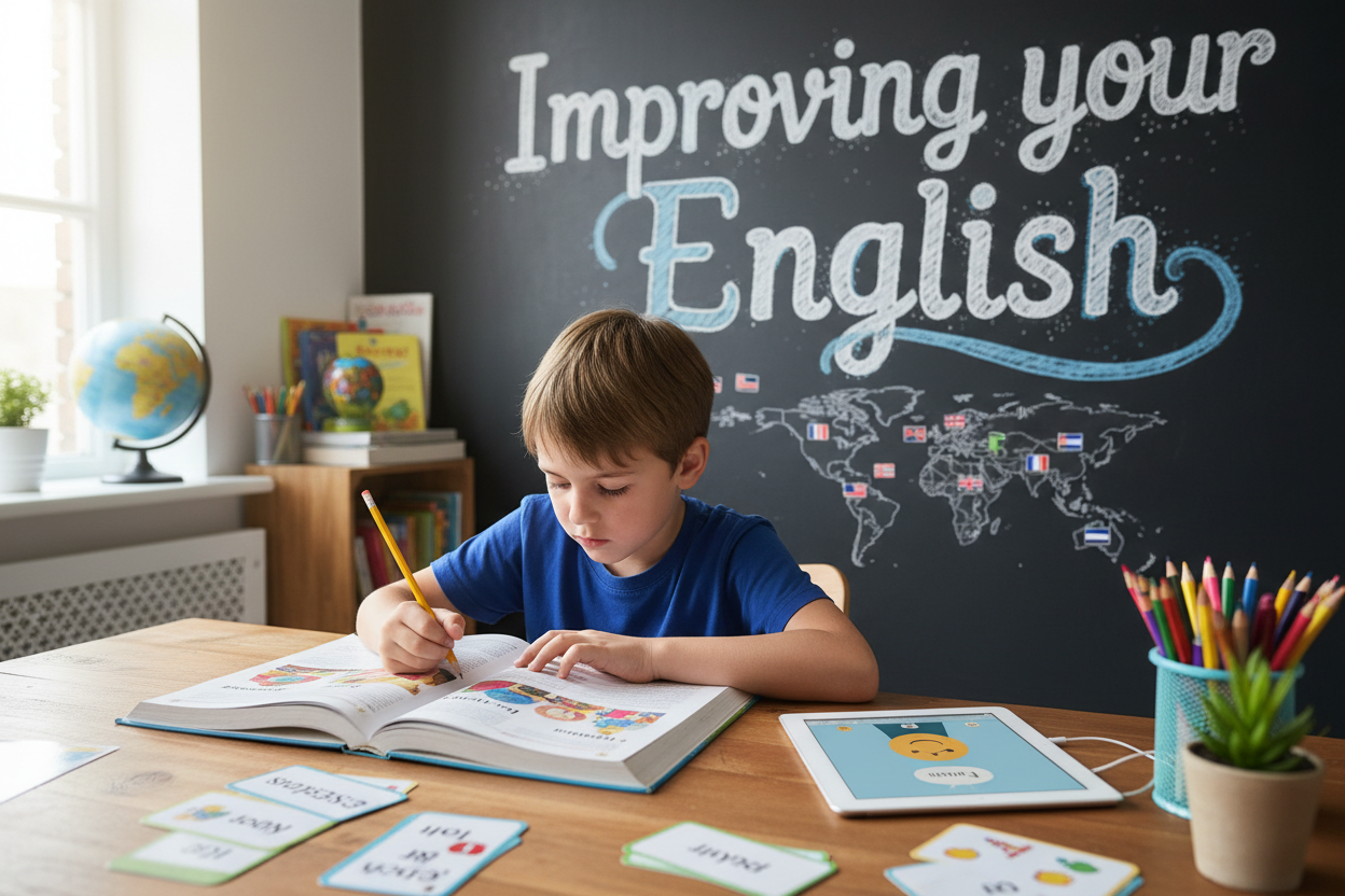 Firefly GeminiFlash create an image where kid is improving english and also mention the words Improving 155248