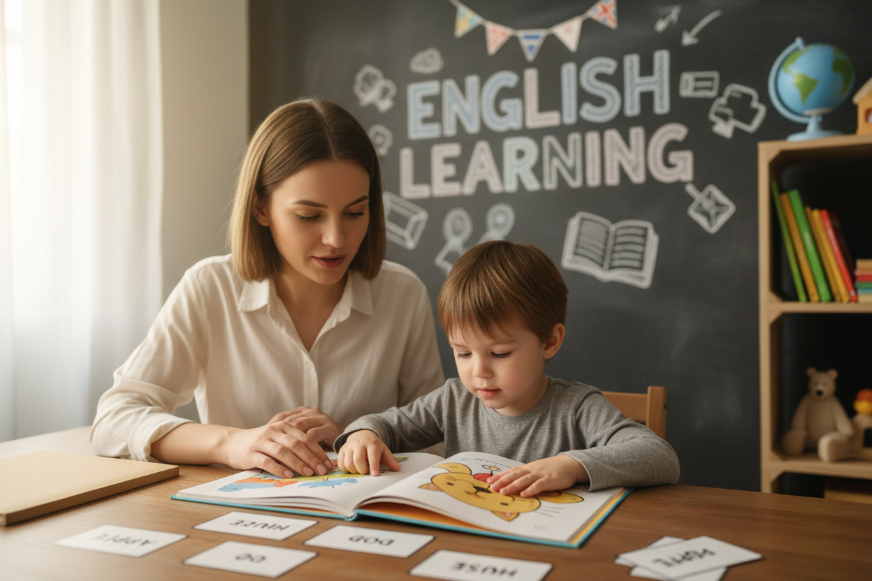 Firefly GeminiFlash create an image where kid is learning english and also mention the words English Le 841225