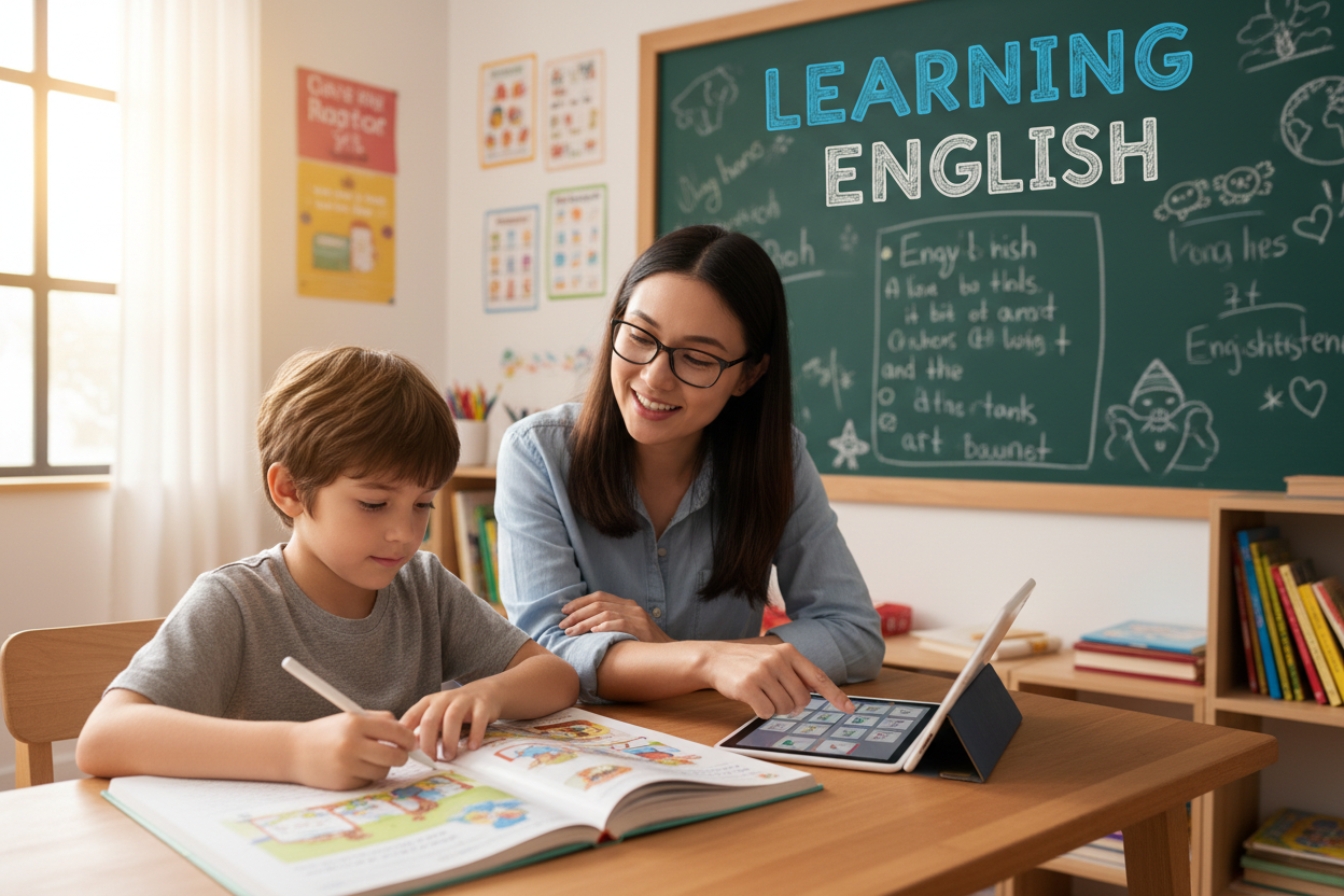 Firefly GeminiFlash create an image where kid is learning english and also mention the words learning e 358119