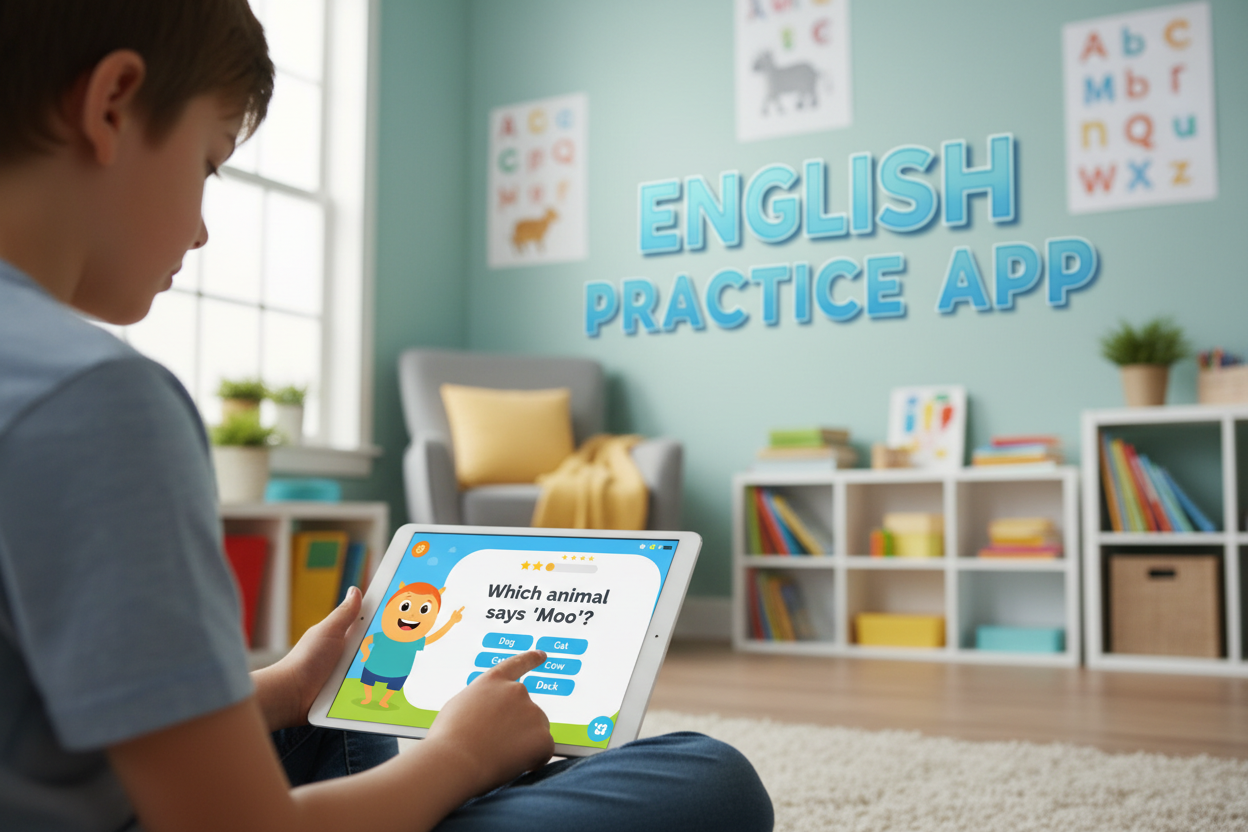 Firefly GeminiFlash create an image where kid is learning on english practice app and also mention the wo 841225