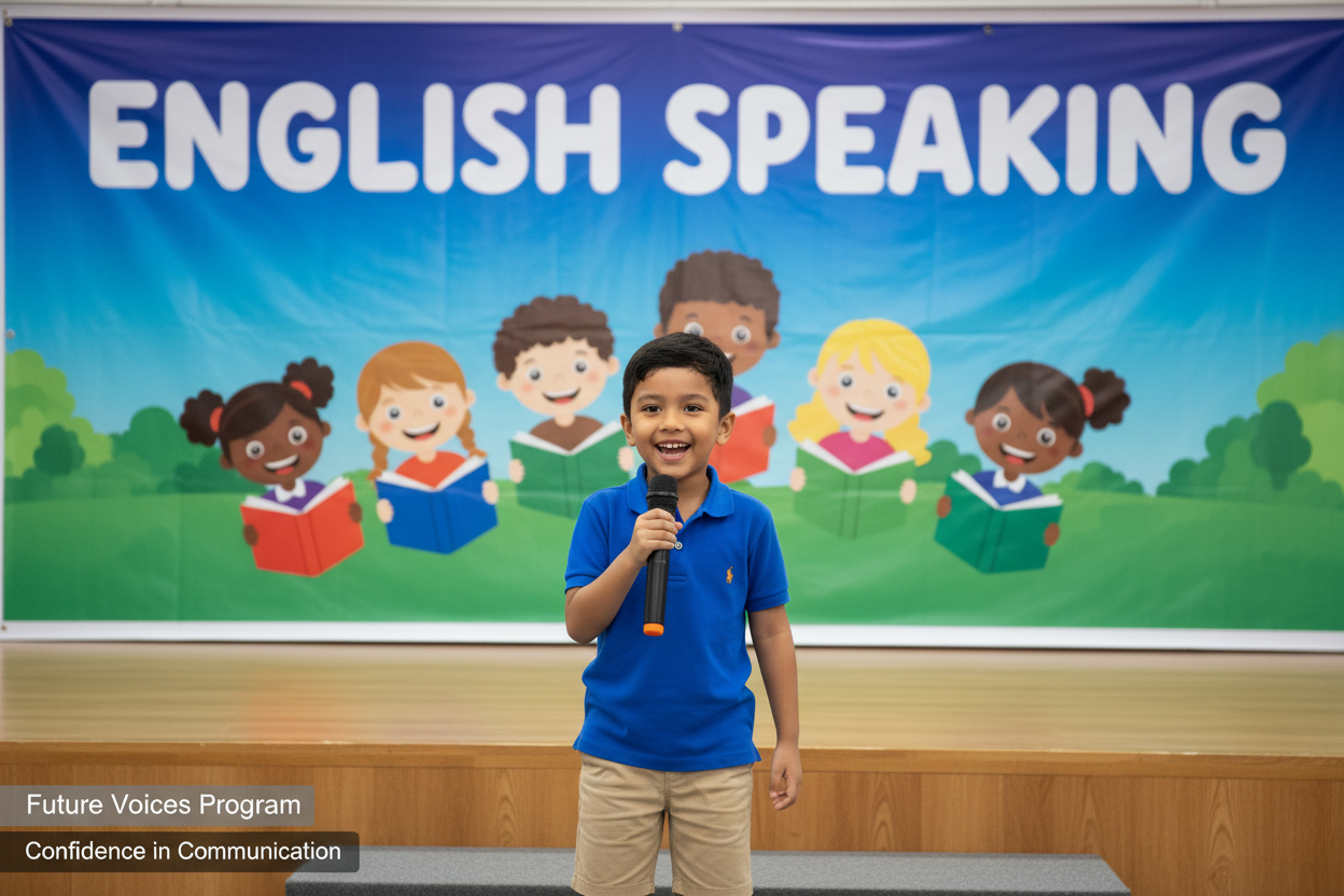 Firefly GeminiFlash create an image where kid is speaking english and also mention the words English sp 155248