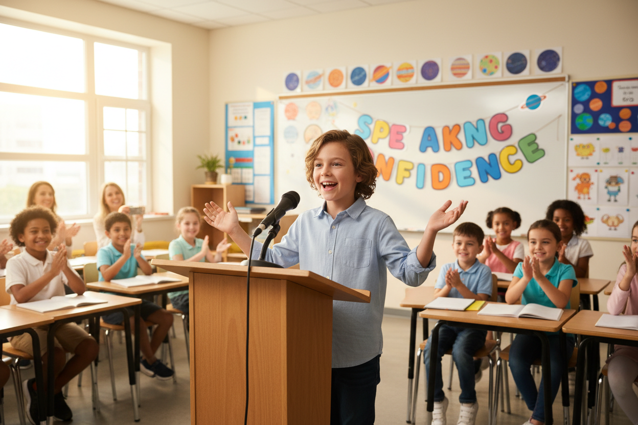 Firefly create an image where kid is speaking English Confidence and also mention the words 36861